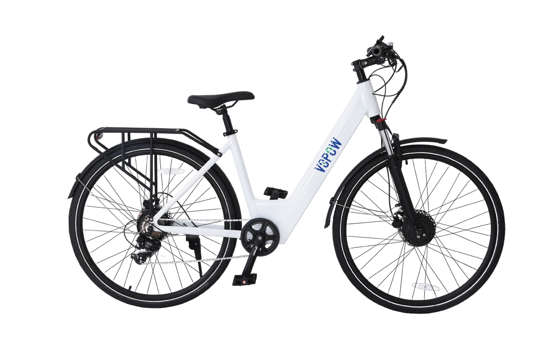 The VOPOW City, a white step-through 700C bicycle with black disc-brake wheels, spring suspension fork and a heavy-duty rear rack, seen from the drive side.